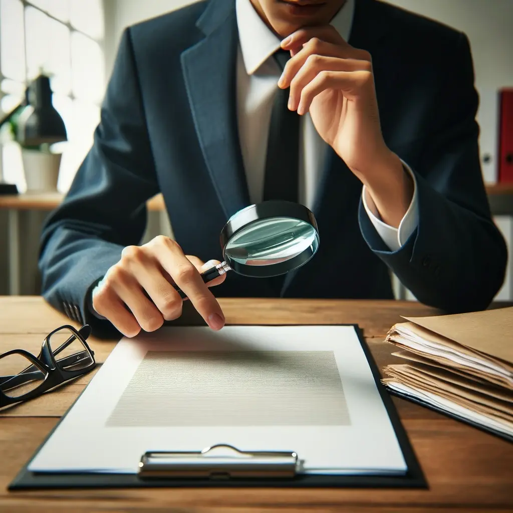 Une personne examinant méticuleusement un document avec une loupe sur un bureau, représentant la recherche minutieuse et l'attention aux détails dans un cadre professionnel