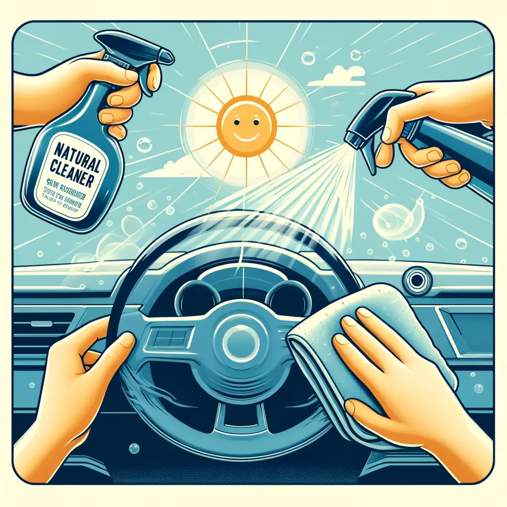 Illustration divisée en trois sections montrant les étapes pour nettoyer l'intérieur du pare-brise d'une voiture avec un nettoyant naturel, une technique de nettoyage avec un chiffon microfibre, et un pare-brise intérieur brillamment clair reflétant un soleil souriant, symbolisant l'efficacité des méthodes naturelles et sans trace pour un entretien réussi.