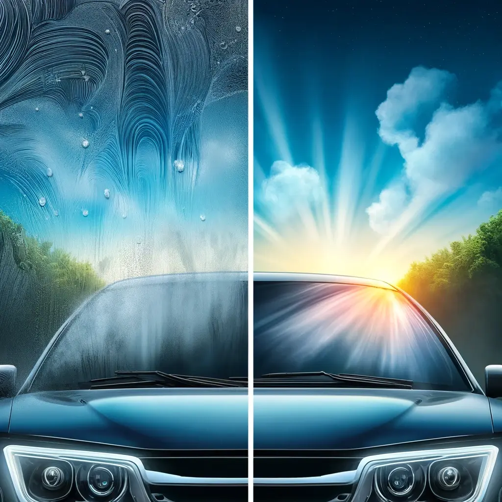 Vue du tableau de bord depuis l'intérieur d'une voiture, mettant en évidence un chiffon microfibre reposant sur le pare-brise propre et sans traces, avec une liste de vérification sur le côté pour l'entretien régulier et les solutions de nettoyage naturelles, symbolisant la clarté réussie.