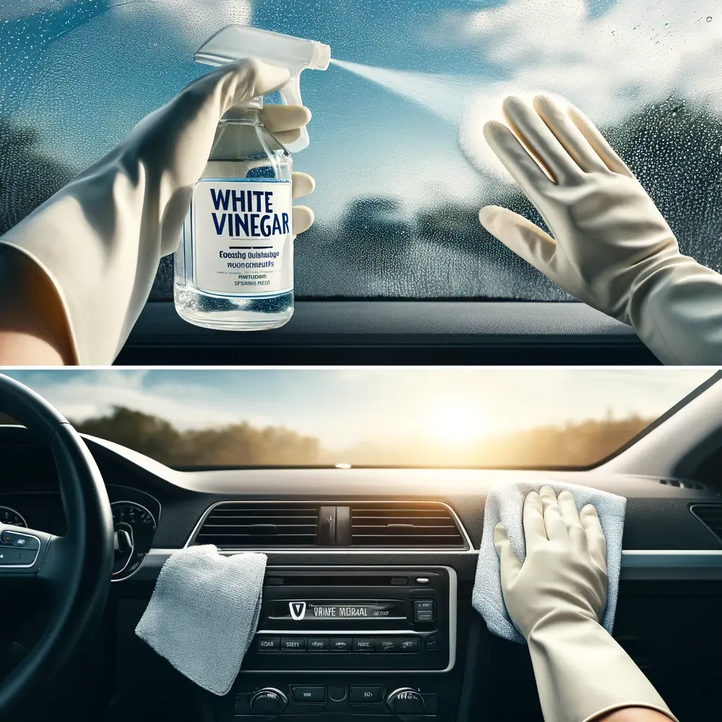 Gros plan sur des mains gantées appliquant doucement du vinaigre blanc avec un vaporisateur sur une section trouble de l'intérieur du pare-brise d'une voiture, démontrant l'efficacité et la simplicité du nettoyage naturel.