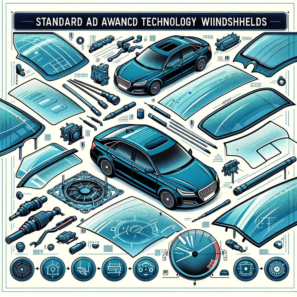 Illustration éducative montrant divers types de pare-brises automobiles, incluant des pare-brises standard et des pare-brises avec technologies avancées comme des capteurs de pluie et des systèmes de dégivrage.