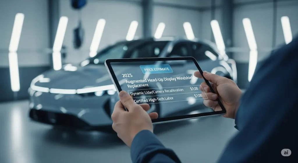 Estimation du prix pour un changement de pare-brise en 2025 affichée sur une tablette devant un véhicule futuriste, détaillant les coûts de la technologie avancée comme l'affichage tête haute et le recalibrage des capteurs.
