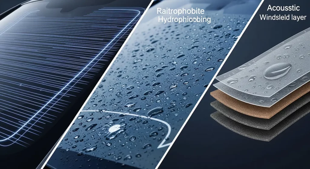 Pare-brise Athermique 
Pare-brise Acoustique
Pare-brise Chauffant 

Pare-brise avec Capteurs (Pluie, Lumière) :

Pare-brise pour Systèmes d'Aide à la Conduite (ADAS) : 

Pare-brise pour Affichage Tête Haute (HUD - Head-Up Display) : 