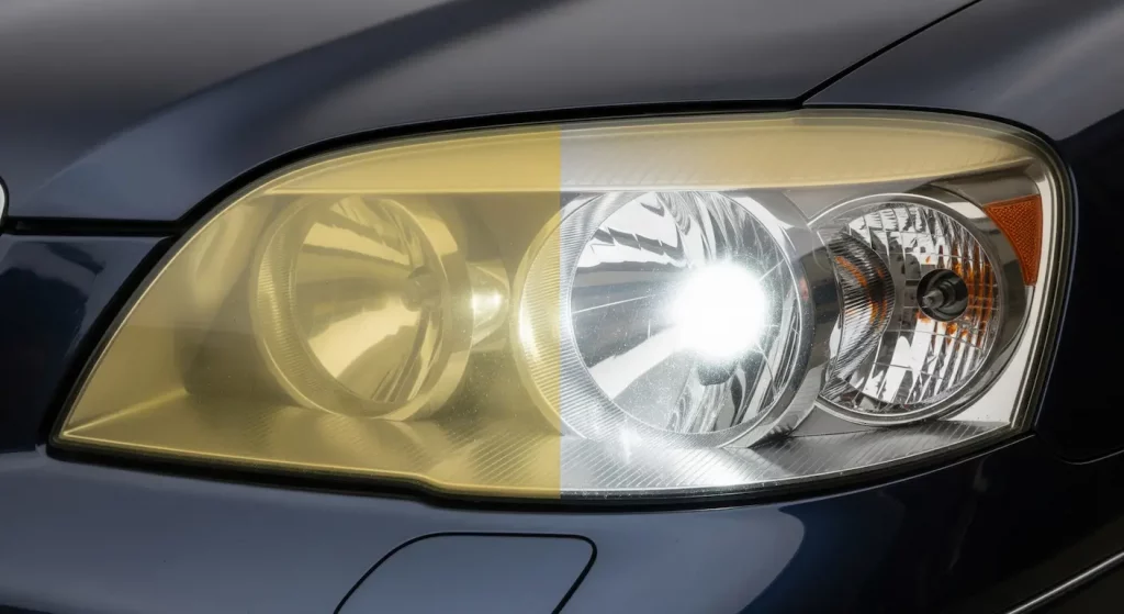 Rénovation d'un phare de voiture opaque avant et après polissage. L'image illustre la clarté retrouvée, une étape cruciale pour réussir le contrôle technique et éviter la contre-visite.