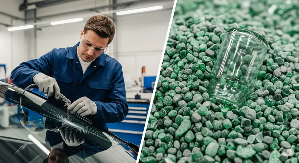 Guide complet sur le recyclage de pare-brise en 2025 : image montrant la transformation du vitrage automobile, d'une fissure examinée par un expert à sa seconde vie en tant que granulats de verre purifiés prêts pour de nouvelles applications.
