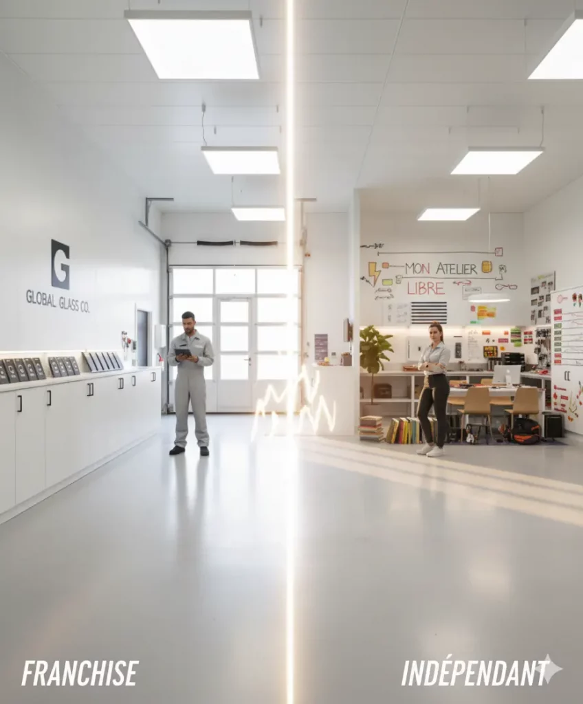 Comparaison visuelle entre une franchise standardisée et un atelier indépendant personnalisé pour un choix stratégique d'entreprise.