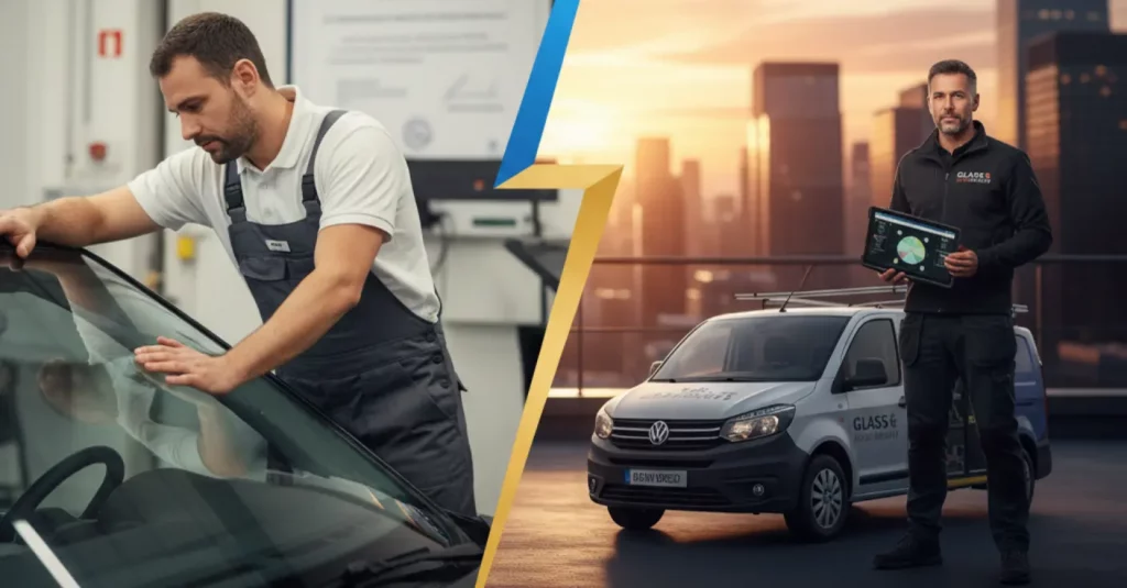 Dichotomie entre technicien qualifié (formation CQP Qualiopi) et entrepreneur indépendant (méthode Glass & Mobility) avec van atelier et tablette de gestion.

