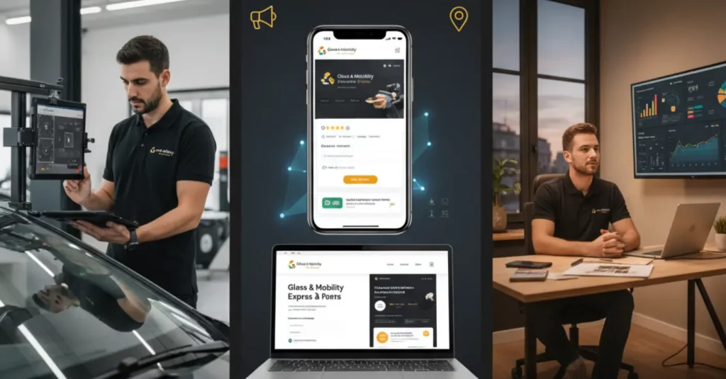Infographie illustrant les 3 piliers du succès Glass & Mobility : technicien maîtrisant le calibrage ADAS, stratégie digitale (Google My Business, site web) pour acquérir des clients, et entrepreneur pilotant la rentabilité via un tableau de bord analytique.