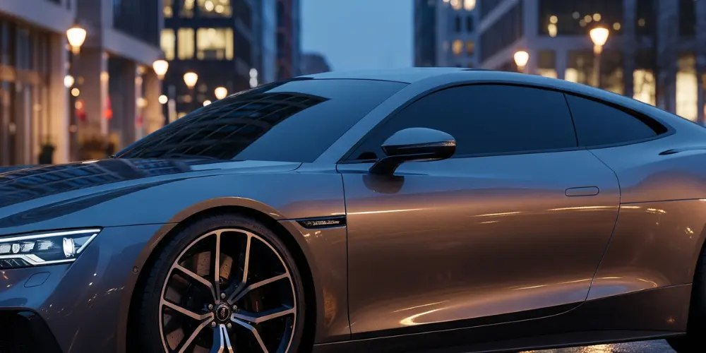 Vitres teintées sur une voiture de luxe noire, améliorant son esthétique et son look sportif grâce a glass and mobility