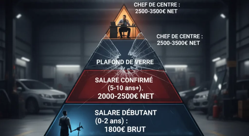 Infographie en forme de pyramide inversée, symbolisant le "plafond de verre" pour un technicien vitrage salarié. Les niveaux de salaire (débutant, confirmé, chef de centre) sont représentés, avec des chiffres et un texte "Excellence Technique vs. Évolution Stagnante".
