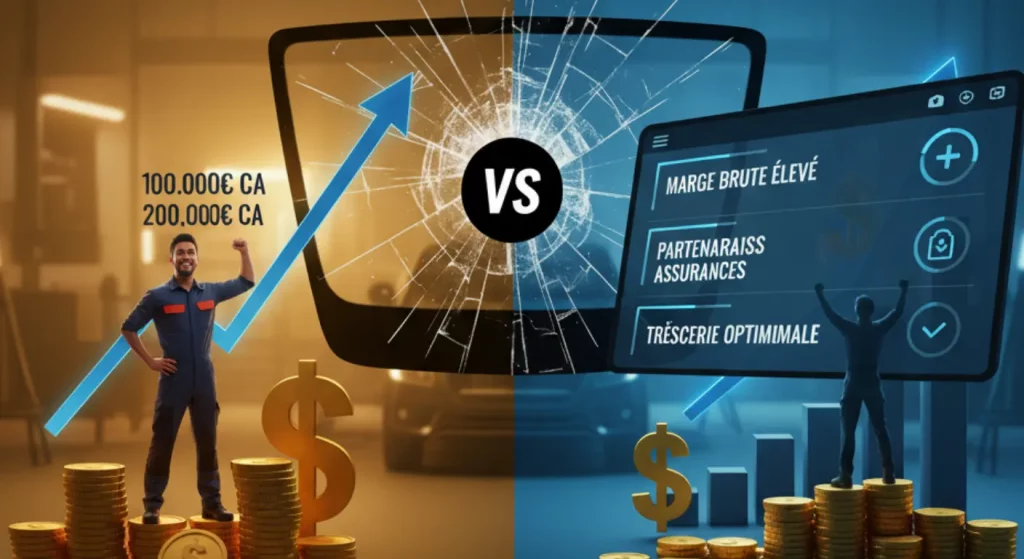 Infographie comparant le salaire d'un technicien vitrage (gauche, avec flèche ascendante limitée) et les revenus d'un entrepreneur souverain (droite, avec tableau de bord de gestion et potentiels élevés). Le logo "G" est placé au centre, symbolisant la méthode. Le texte souligne "Marge vs Salaire : Choisissez la Liberté Financière".