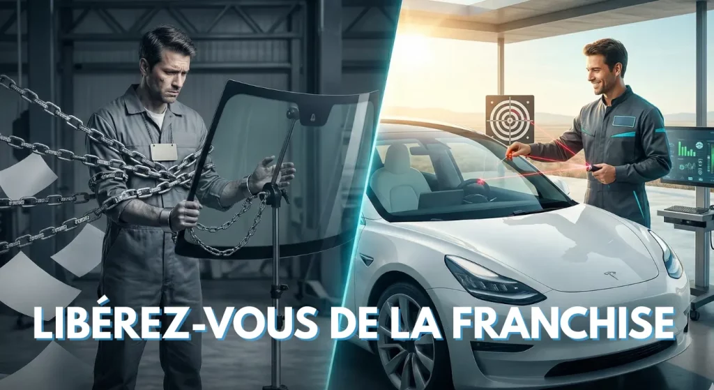 Une image composite divisée en diagonale montrant un contraste dramatique entre la dépendance à une franchise et la souveraineté. Le côté gauche, sombre et monochromatique, montre un mécanicien enchaîné à un support de pare-brise, entouré de documents volants portant les mots « ROYALTIES (10-15%) » et « DEBT ». Le côté droit, lumineux et coloré, montre un mécanicien souriant effectuant un étalonnage ADAS sur une Tesla Model 3 blanche à l'aide d'un équipement moderne avec un écran et une cible. Un grand titre centré au milieu du contraste : « BREAK FREE FROM FRANCHISE: BUILD YOUR SOVEREIGN AUTOMOTIVE GLASS EMPIRE IN 2026 ». Un texte de légende en bas : à gauche, « FRANCHISE PRISON: DEPENDENCY » ; à droite, « SOVEREIGNTY: YOUR ASSET & FREEDOM ».