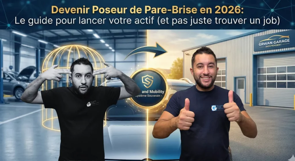 Illustration conceptuelle montrant la transition d'un modèle de garage contraint vers un modèle d'entrepreneur souverain en pose de pare-brise avec technologie ADAS et le système Glass and Mobility.