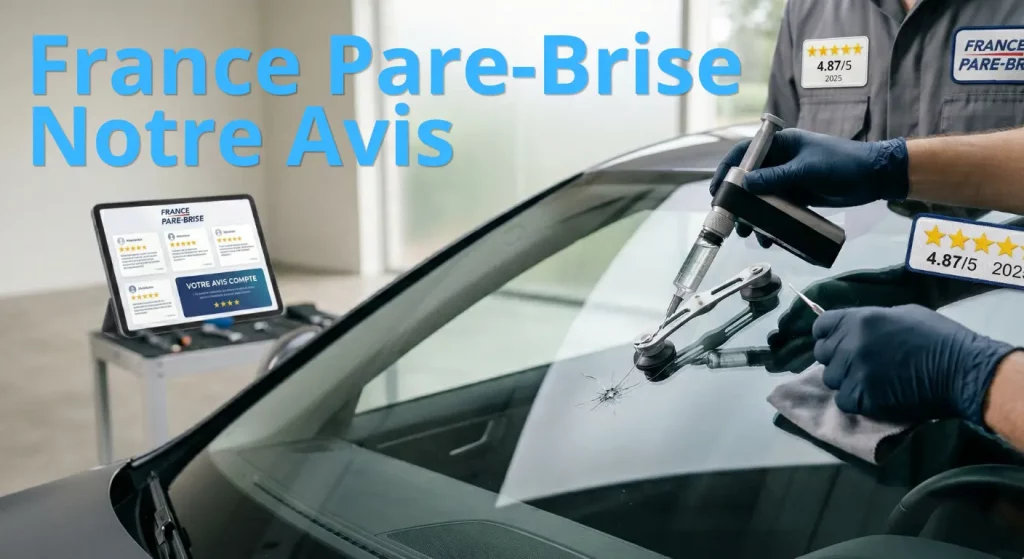 France Pare-Brise : avis et retour d'expérience des automobilistes 2 Photographie réaliste d'un technicien arborant le logo France Pare-Brise sur sa combinaison de travail, en train de réparer méticuleusement un impact sur un pare-brise de voiture. À côté de lui, une tablette affiche une note de 4,87/5 et cinq étoiles jaunes, illustrant la gestion active de la satisfaction client et des avis Google pour ce centre local. L'image met l'accent sur la qualité de l'intervention et le service client.
