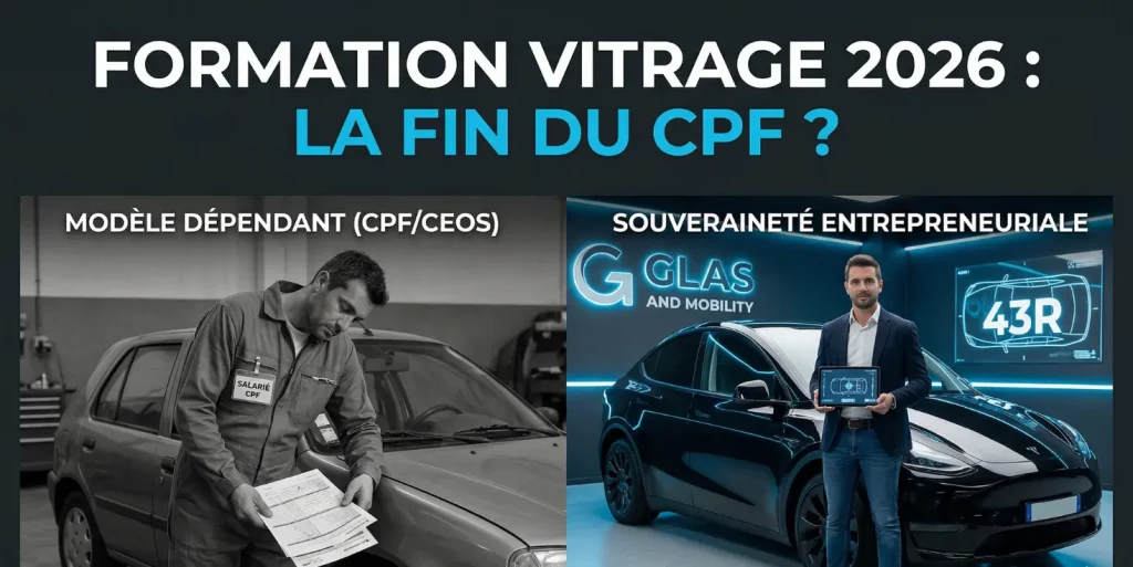 Formation Vitrage 2026 : Pourquoi choisir le modèle Souverain ? 2 Montage photographique en split-screen sur fond anthracite titré « FORMATION VITRAGE 2026 : LA FIN DU CPF ? ». À gauche, en noir et blanc, un technicien en bleu de travail « Salarié CPF » s'occupe d'une vieille citadine avec des formulaires papier sous la mention « Modèle Dépendant ». À droite, en haute résolution avec accents bleus, un entrepreneur devant une Tesla Model Y tient une tablette de diagnostic ADAS dans un atelier moderne « Glas and Mobility » sous la mention « Souveraineté Entrepreneuriale ».