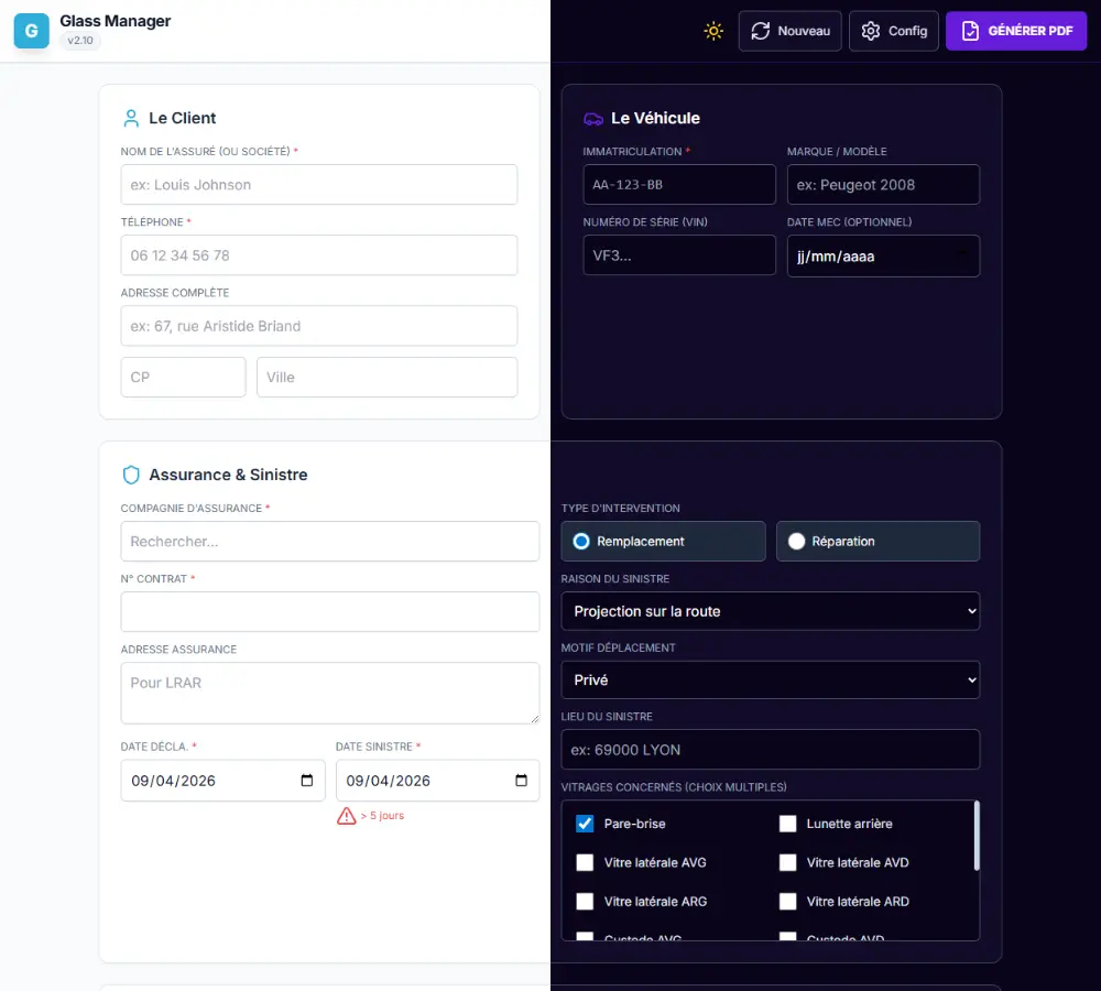 Interface du logiciel Glass Manager pour la facturation pare-brise et cession de créance