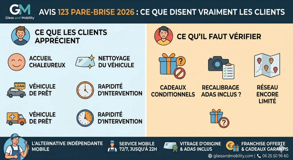 Avis 123 Pare-Brise 2026 : ce que disent vraiment les clients 2 Infographie 2026 comparant les avis '123 Pare-Brise' : notes élevées Avis Vérifiés vs critiques sur les cadeaux conditionnels et ADAS.